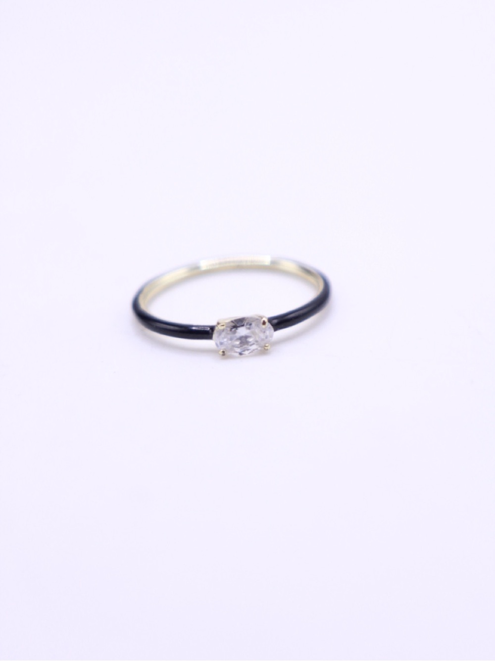 MM Black enamel two tone gold plated Band Ring with Clear Oval Crystal